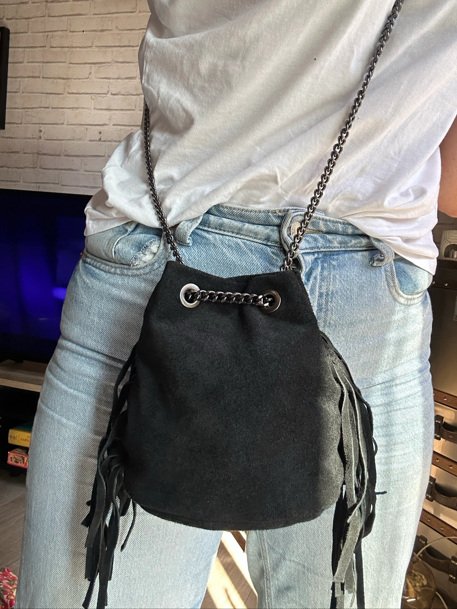 Zwarte buidelzak van echt suède - Boheemse chique stijl – photo 8